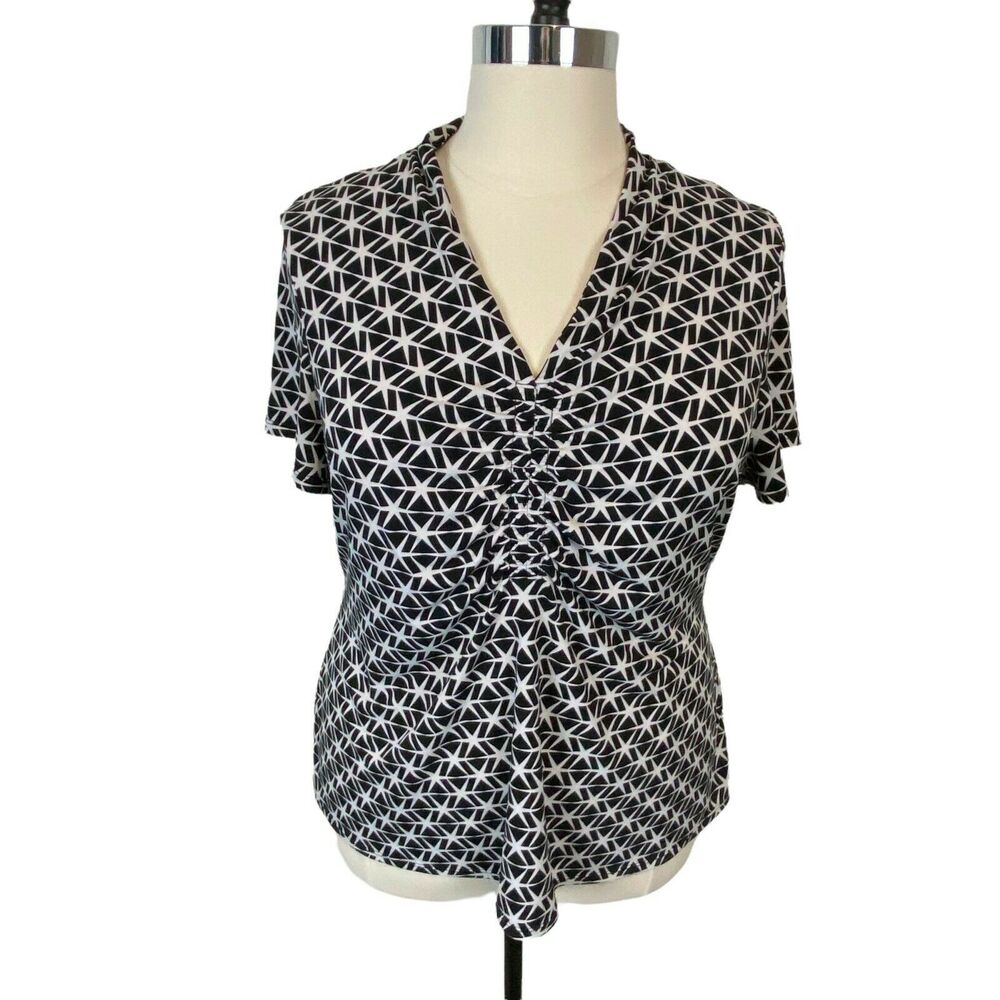 Alfani Womens Blouse Top Black Short Sleeve V Neck Ruched Front Flattering 3X